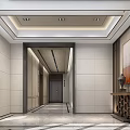 Modern Elevator Hallway Design With Marble Walls Ceiling Lighting And Decorative Art 3d model
