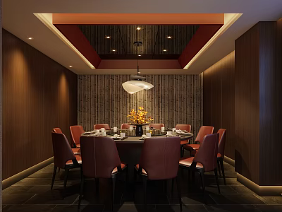Private Dining Room Interior With Round Dining Table Red Chairs And Pendant Light 3d model