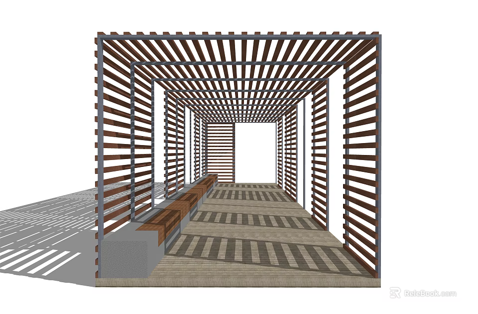 Modern Wooden Pergola With Lattice Roof Design Walkway Floor And Side Bench 3d model 