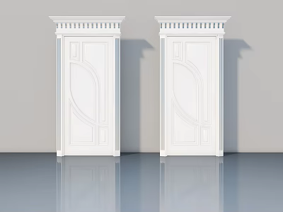 Two White Swing Doors with Intricate Carvings and Classic Frame Design 3d model