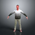 A Man Wearing White Dark Pattern Sweater Khaki Pants Pink Shoes Arms Outstretched Gray Background