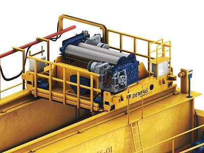 Yellow Industrial Equipment Featuring DEMAG Rollers Railings And Ladder Structure 3d model