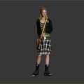 Woman With Blonde Hair Wearing Black Jacket Purple Star Top Plaid Skirt And Black Boots