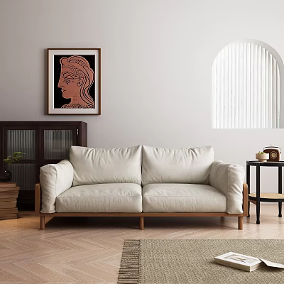 White Two Seater Sofa With Wooden Legs In Modern Living Room Interior And Decorative Art 3d model