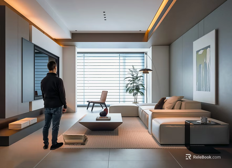 Modern Living Room Interior With Sofa Coffee Table Large Window Blinds Plant And Artwork 3d model 