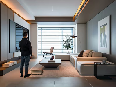 Modern Living Room Interior With Sofa Coffee Table Large Window Blinds Plant And Artwork 3d model