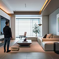 Modern Living Room Interior With Sofa Coffee Table Large Window Blinds Plant And Artwork