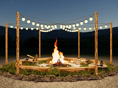 Burning Bonfire At Night With Stone Circle Wooden Posts String Lights And Mountain Background 3d model