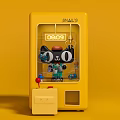 Two White And Yellow Mini Amusement Prize Machines With Cartoon Characters On Yellow Background