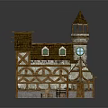 Medieval Half Timbered Building With Tower Spire Green Windows And Stone Walls