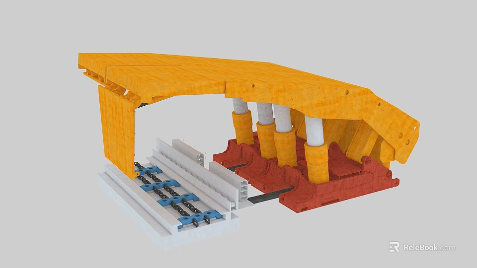 Industrial Mechanical Equipment With Yellow Structure Red Base White Pillars And Blue Rails 3d model 