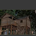 Scenic Rustic Wooden Treehouse With Balcony Staircase And Lush Trees