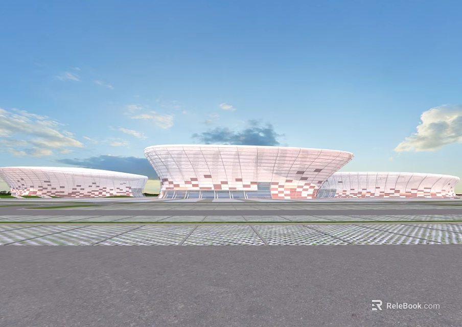 Modern Architectural Complex With White Curved Roofs And Red Patterned Facades 3d model