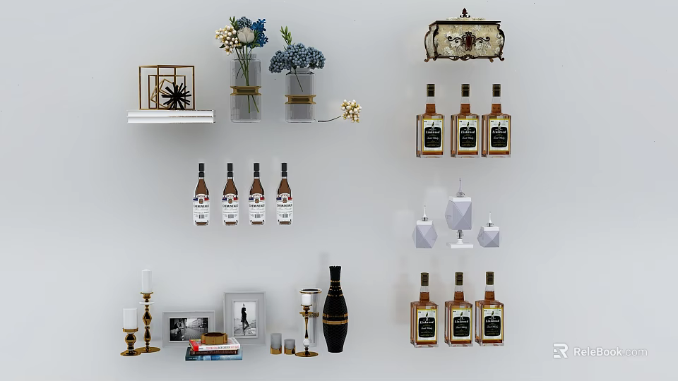 Elegant Whiskey Bottles and Crystal Wine Glasses on Decorative Shelves with Floral Arrangements 3d model 
