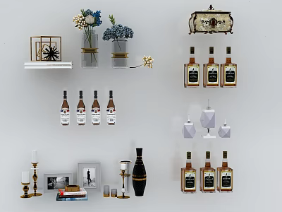 Elegant Whiskey Bottles and Crystal Wine Glasses on Decorative Shelves with Floral Arrangements 3d model