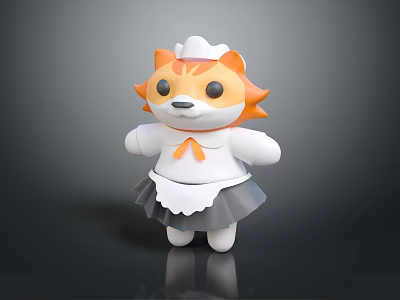 Cute Orange Cat Doll Wearing White Chef Hat And Gray Frilled Apron 3d model
