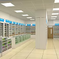 Pharmacy Store Interior With Organized Medicine Shelves Bright Lighting And Counter
