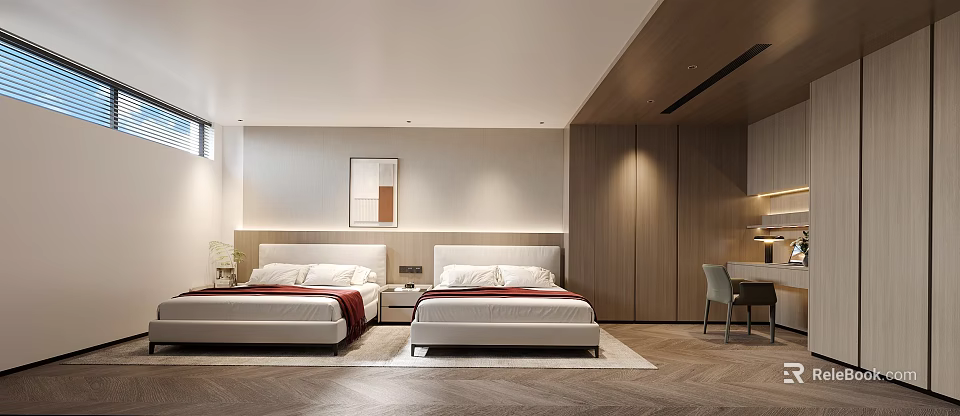 Modern Bedroom Interior Design With Twin Beds White Headboards And Wooden Wardrobes 3d model 