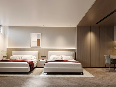 Modern Bedroom Interior Design With Twin Beds White Headboards And Wooden Wardrobes 3d model