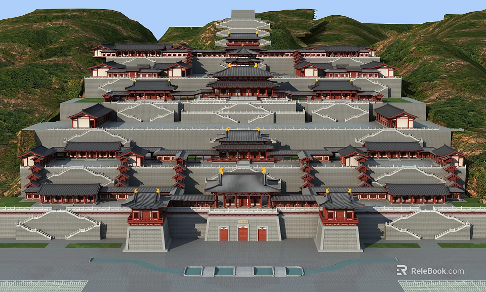 Ancient Chinese Architecture Complex With Tiered Terraces And Traditional Roofs On Hillside 3d model 