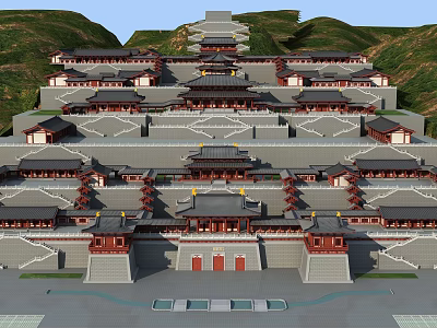 Ancient Chinese Architecture Complex With Tiered Terraces And Traditional Roofs On Hillside 3d model