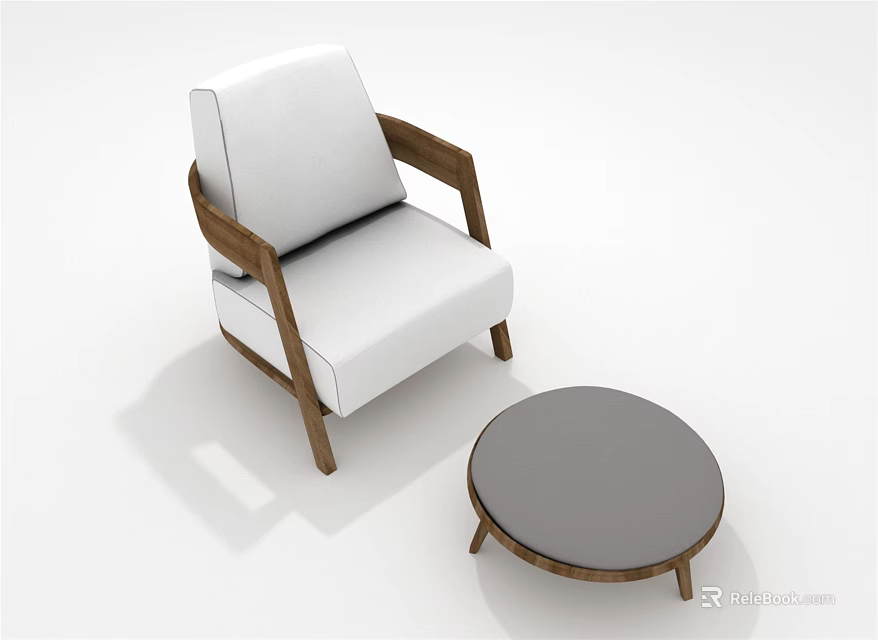 Simple Design Single Sofa with White Cushion Wooden Armrest and Round Gray Coffee Table 3d model 