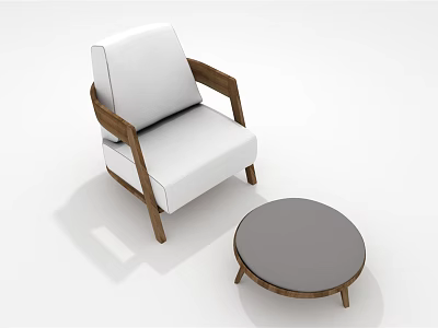 Simple Design Single Sofa with White Cushion Wooden Armrest and Round Gray Coffee Table 3d model