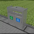 Garden Landscape Metal Waste Bin With Double Compartment Recycling Symbols On Grass Lawn
