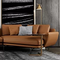 Modern Orange Leather Sofa And Rectangular Coffee Table With Gray Pillows Herringbone Carpet Abstract Painting 3d model