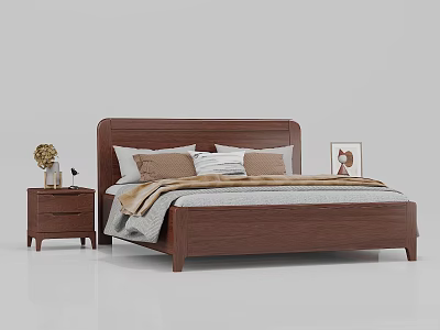 Wooden Double Bed With Nightstand Vase Lamp Pillows And Blanket 3d model