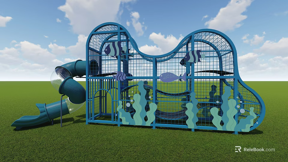 Blue Ocean Themed Playground Equipment with Climbing Structure Slide and Fish Seaweed Decorations 3d model 