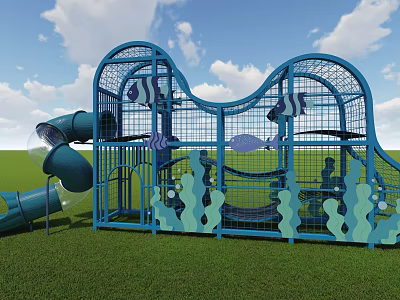 Blue Ocean Themed Playground Equipment with Climbing Structure Slide and Fish Seaweed Decorations 3d model