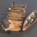 Broken ship shore small wooden ship dock broken dock broken wooden ship shore broken bridge small wooden bridge wooden bridge shore scene low face number low model simple model realistic 3d model