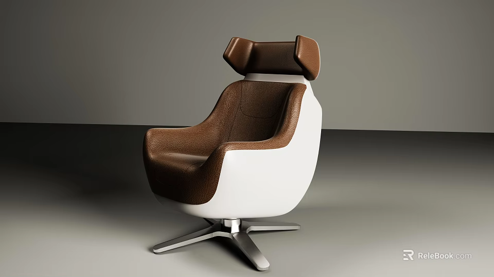 Modern Contemporary Single Sofa With Brown White Leather Upholstery And Metal Swivel Base 3d model 