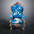 Ornate Blue Chair With Golden Carvings And Floral Upholstery Classic Design For Elegant Interiors