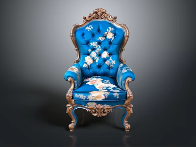 Ornate Blue Chair With Golden Carvings And Floral Upholstery Classic Design For Elegant Interiors 3d model