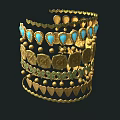 Golden Jewelry Piece With Blue Gemstones Decorative Patterns Beads Heart Shaped Designs And Zigzag Edges