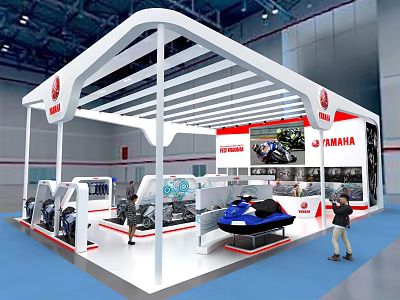 YAMAHA Exhibition Booth With White Frame Displaying Motorcycles And Blue Jet Ski 3d model