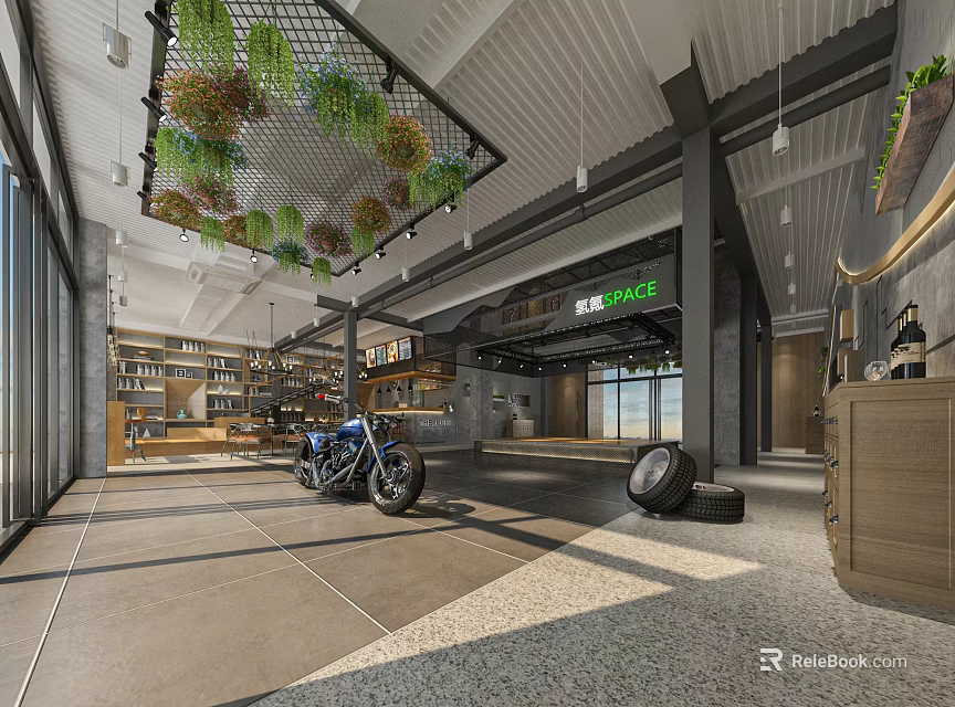 Modern Spacious Hotel Lobby Featuring Hanging Green Plants Motorcycle Display Shelving Units And Reception Counter 3d model 