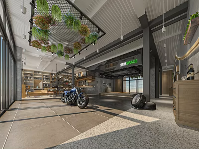 Modern Spacious Hotel Lobby Featuring Hanging Green Plants Motorcycle Display Shelving Units And Reception Counter 3d model