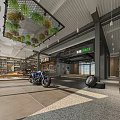Modern Spacious Hotel Lobby Featuring Hanging Green Plants Motorcycle Display Shelving Units And Reception Counter