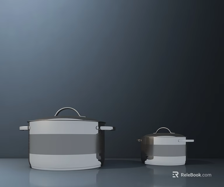 Silver Cookware Set With Large And Small Pots Featuring Lids On Gray Background 3d model 
