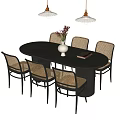 Modern Oval Dining Table and Woven Chairs Set with Pendant Lights White Vase and Book