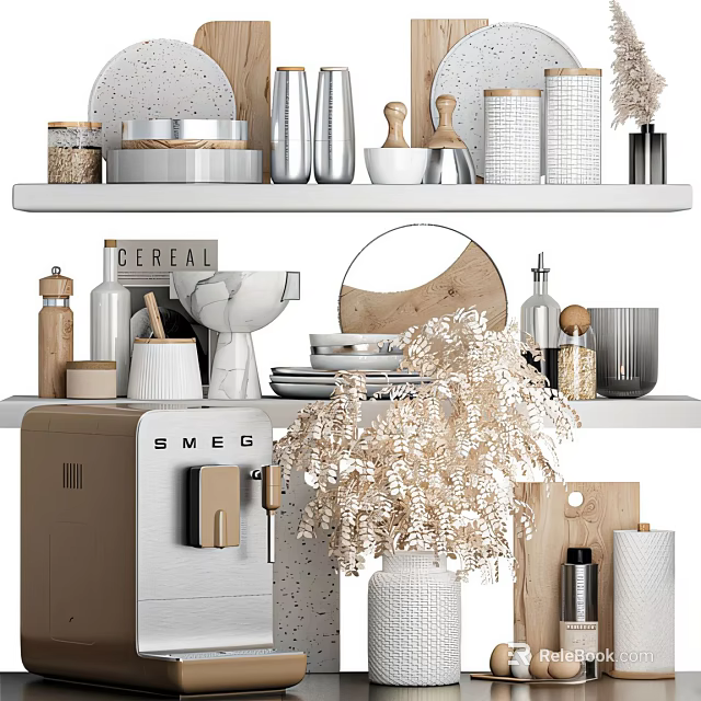 Decorative Ornament Set With Ceramic Jars Vases Round Mirror And Dried Floral Arrangement On Shelves 3d model 