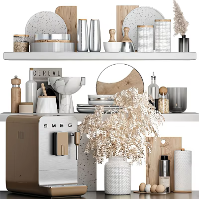 Decorative Ornament Set With Ceramic Jars Vases Round Mirror And Dried Floral Arrangement On Shelves 3d model