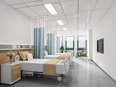 Hospital Outpatient Ward With Medical Beds Curtains And Natural Light 3d model