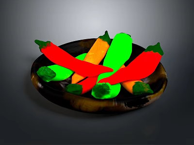 Colorful Chili Peppers On Black Plate With Red Green And Orange Varieties 3d model