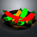 Colorful Chili Peppers On Black Plate With Red Green And Orange Varieties