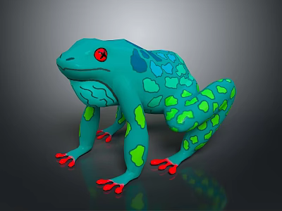 Turquoise Reptile 3D Model With Green Spots Red Eyes And Red Toes On Gray Background 3d model