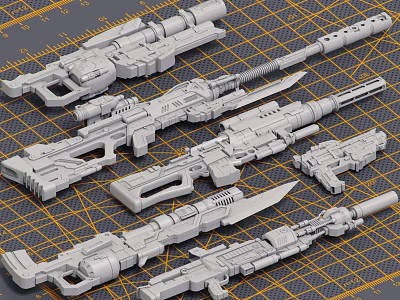Mechanical Weapon Models Including Rifles Guns And Knives On Yellow Grid Background 3d model